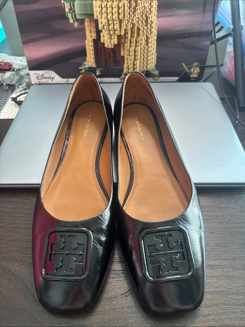 Tory Burch Black Leather Square-Toe Logo Ballet Flats